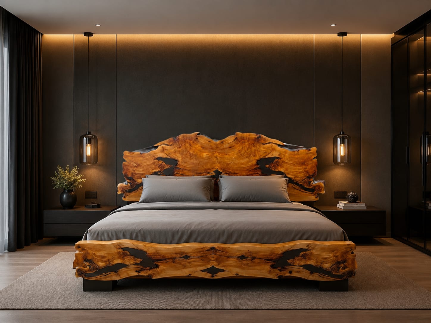 Handgefertigte Designerplatte Olivenholz Bett Kopfteil oder Tisch aus über 500 Jahre altes Olivenholz mit Epoxidharz – individuelles Unikat für Möbelbau
